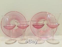 6 Piece Steuben Pink Threaded Art Glass Set Plates Sherbets Water Glasses