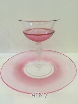 6 Piece Steuben Pink Threaded Art Glass Set Plates Sherbets Water Glasses