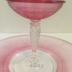 6 Piece Steuben Pink Threaded Art Glass Set Plates Sherbets Water Glasses