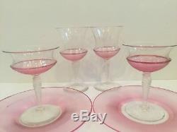 6 Piece Steuben Pink Threaded Art Glass Set Plates Sherbets Water Glasses