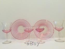 6 Piece Steuben Pink Threaded Art Glass Set Plates Sherbets Water Glasses