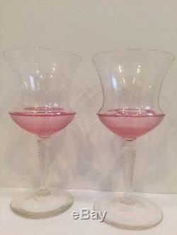 6 Piece Steuben Pink Threaded Art Glass Set Plates Sherbets Water Glasses