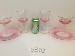 6 Piece Steuben Pink Threaded Art Glass Set Plates Sherbets Water Glasses