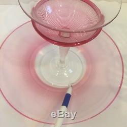 6 Piece Steuben Pink Threaded Art Glass Set Plates Sherbets Water Glasses