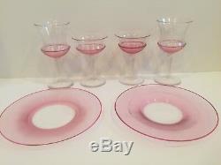 6 Piece Steuben Pink Threaded Art Glass Set Plates Sherbets Water Glasses