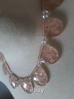 ANTIQUE ART DECO RARE ETCHED PINK FACETED GLASS NECKLACE 1920's