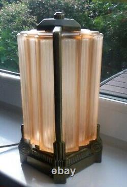 ANTIQUE FRENCH ART DECO BRONZE/PEACHY PINK GLASS LAMP-c1920