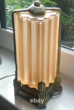 ANTIQUE FRENCH ART DECO BRONZE/PEACHY PINK GLASS LAMP-c1920