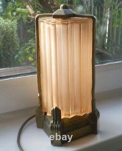 ANTIQUE FRENCH ART DECO BRONZE/PEACHY PINK GLASS LAMP-c1920