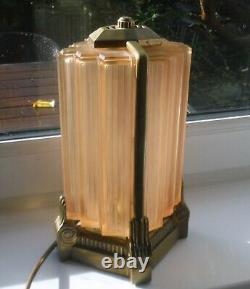 ANTIQUE FRENCH ART DECO BRONZE/PEACHY PINK GLASS LAMP-c1920