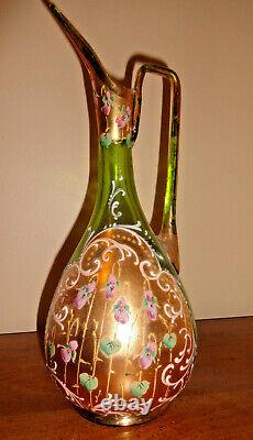 ANTIQUE MOSER EWER CZECH BOHEMIAN ART GLASS GREEN PINK LADY SLIPPERS C. 1880's