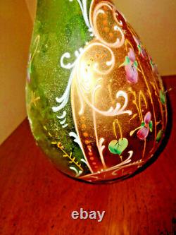 ANTIQUE MOSER EWER CZECH BOHEMIAN ART GLASS GREEN PINK LADY SLIPPERS C. 1880's