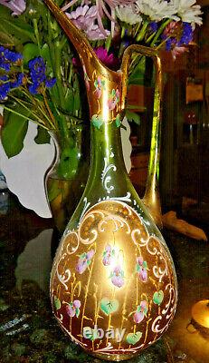 ANTIQUE MOSER EWER CZECH BOHEMIAN ART GLASS GREEN PINK LADY SLIPPERS C. 1880's