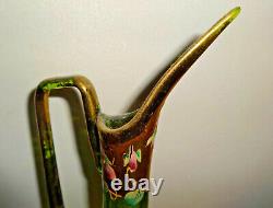 ANTIQUE MOSER EWER CZECH BOHEMIAN ART GLASS GREEN PINK LADY SLIPPERS C. 1880's