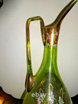 ANTIQUE MOSER EWER CZECH BOHEMIAN ART GLASS GREEN PINK LADY SLIPPERS C. 1880's