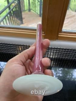 ANTIQUE STEUBEN Pink Art Glass Roseline Stick Bud Vase Alabaster Base 8H