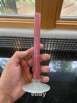 ANTIQUE STEUBEN Pink Art Glass Roseline Stick Bud Vase Alabaster Base 8H