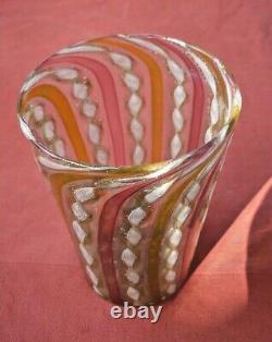 ANTIQUE VENETIAN GLASS DRINKING GLASS 9 cm H PINK/GOLD/AMBER /WHITE RIBBON