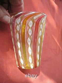 ANTIQUE VENETIAN GLASS DRINKING GLASS 9 cm H PINK/GOLD/AMBER /WHITE RIBBON