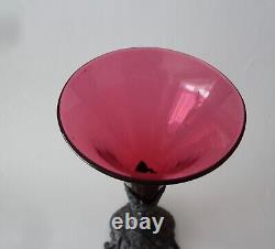 ANTIQUE VICTORIAN CRANBERRY GLASS EPERGNE VASE WITH METAL BASE h22,2cm