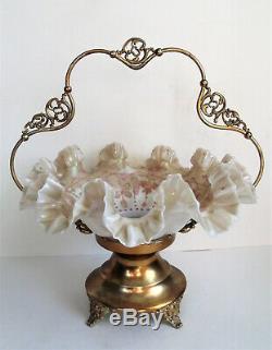ANTIQUE Victorian OPALESCENT ENAMEL Pink Art Glass BRIDES BASKET BOWL Gold Stand