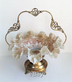 ANTIQUE Victorian OPALESCENT ENAMEL Pink Art Glass BRIDES BASKET BOWL Gold Stand