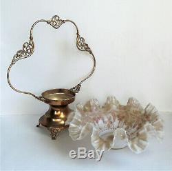 ANTIQUE Victorian OPALESCENT ENAMEL Pink Art Glass BRIDES BASKET BOWL Gold Stand