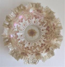 ANTIQUE Victorian OPALESCENT ENAMEL Pink Art Glass BRIDES BASKET BOWL Gold Stand