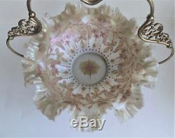 ANTIQUE Victorian OPALESCENT ENAMEL Pink Art Glass BRIDES BASKET BOWL Gold Stand