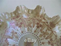 ANTIQUE Victorian OPALESCENT ENAMEL Pink Art Glass BRIDES BASKET BOWL Gold Stand