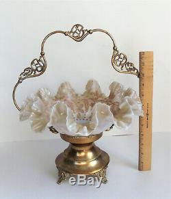 ANTIQUE Victorian OPALESCENT ENAMEL Pink Art Glass BRIDES BASKET BOWL Gold Stand