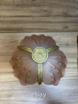 ART DECO BRASS & FROSTED PINK GLASS SHELL PENDANT LIGHT SHADE C1920 1930s