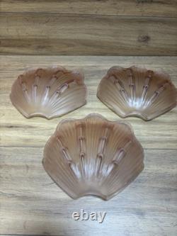 ART DECO BRASS & FROSTED PINK GLASS SHELL PENDANT LIGHT SHADE C1920 1930s