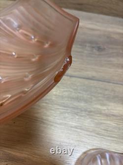 ART DECO BRASS & FROSTED PINK GLASS SHELL PENDANT LIGHT SHADE C1920 1930s