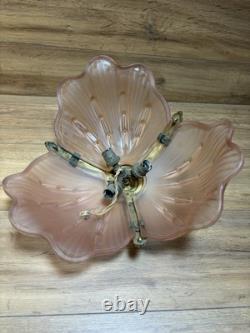 ART DECO BRASS & FROSTED PINK GLASS SHELL PENDANT LIGHT SHADE C1920 1930s