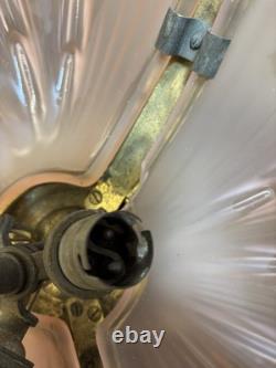 ART DECO BRASS & FROSTED PINK GLASS SHELL PENDANT LIGHT SHADE C1920 1930s