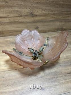 ART DECO BRASS & FROSTED PINK GLASS SHELL PENDANT LIGHT SHADE C1920 1930s