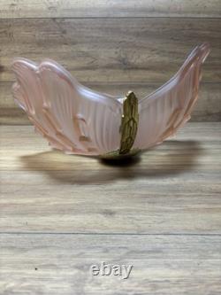 ART DECO BRASS & FROSTED PINK GLASS SHELL PENDANT LIGHT SHADE C1920 1930s
