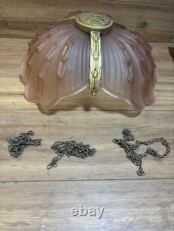 ART DECO BRASS & FROSTED PINK GLASS SHELL PENDANT LIGHT SHADE C1920 1930s