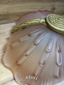 ART DECO BRASS & FROSTED PINK GLASS SHELL PENDANT LIGHT SHADE C1920 1930s