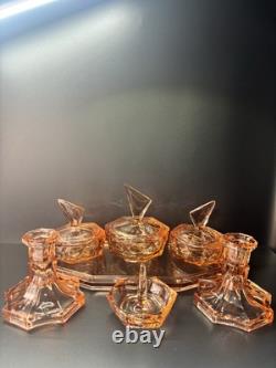 ART DECO VINTAGE PINK GLASS DRESSING TABLE SET Selenium Glass Rare Czech