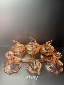 ART DECO VINTAGE PINK GLASS DRESSING TABLE SET Selenium Glass Rare Czech