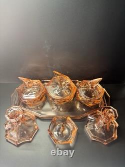 ART DECO VINTAGE PINK GLASS DRESSING TABLE SET Selenium Glass Rare Czech