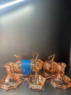 ART DECO VINTAGE PINK GLASS DRESSING TABLE SET Selenium Glass Rare Czech