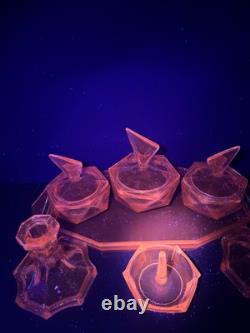 ART DECO VINTAGE PINK GLASS DRESSING TABLE SET Selenium Glass Rare Czech