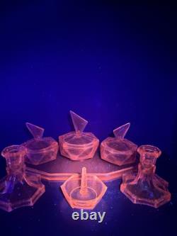 ART DECO VINTAGE PINK GLASS DRESSING TABLE SET Selenium Glass Rare Czech