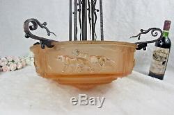 ART Deco MULLER FRERES signed panther pink glass cast iron chandelier Rare