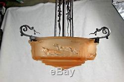 ART Deco MULLER FRERES signed panther pink glass cast iron chandelier Rare