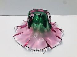 ART GLASS SOMMERSO FLOWER BOWL VASE PINK GREEN PERFECT CONDITION 11x6 Inches