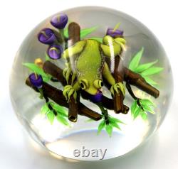 AWESOME Ken ROSENFELD NOS Green Pink Belly FROG on BAMBOO Art Glass PAPERWEIGHT